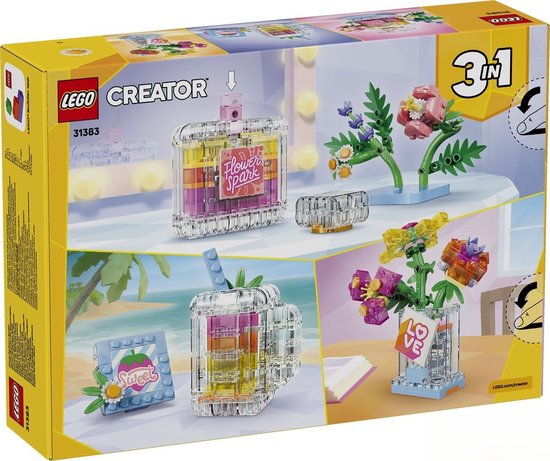 Boîte LEGO Creator 3in1 31383 montrant des exemples : flacon de parfum, vase de fleurs et tasse à boire. Dimensions 26.2 x 6.1 x 19.1 cm.