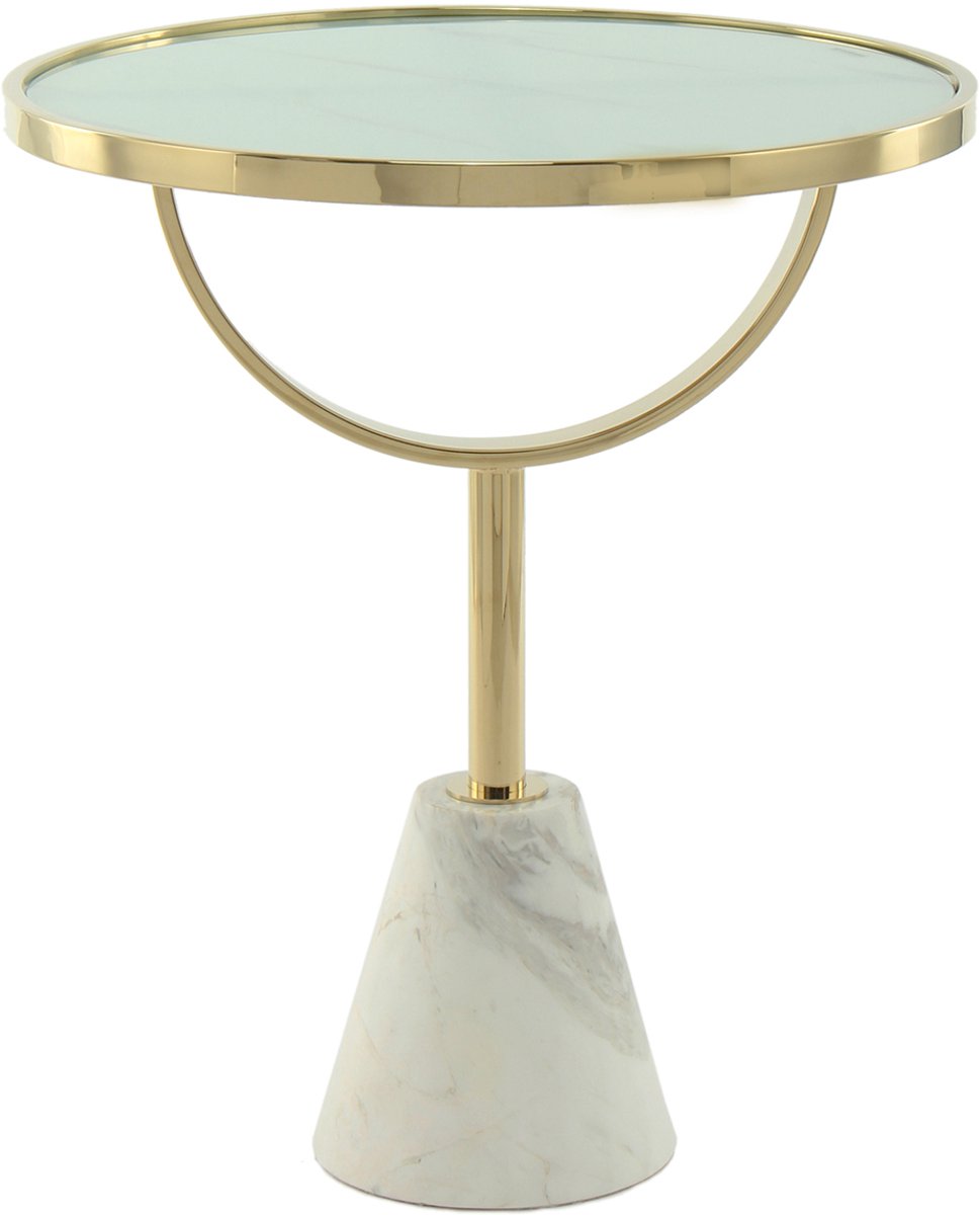 Padiro ronde bijzettafel Ø 46 x 54 cm - wit - glazen tafelblad - Modern Art-Déco Glamour Look - met marmerenpatroon - roestvrij stalen onderstel
