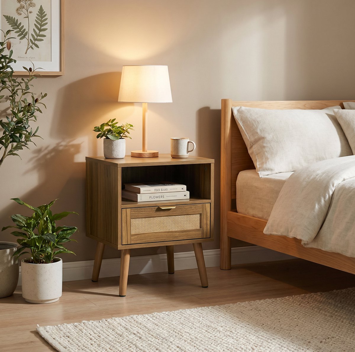 OKWISH Nachtkastje - Rattan Boho Stijl - 1 Lade En Open Vak - Voor Slaapkamer En Woonruimte - Walnootkleur - MDF - 45 X 40 X 55 Cm