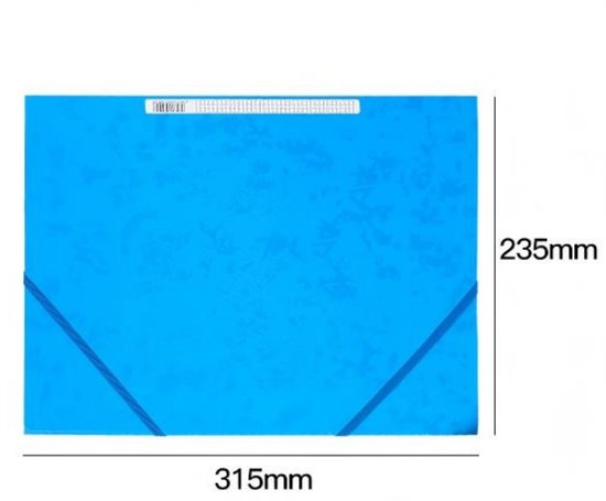 Blauwe map met marmerpatroon, elastische sluiting en afmetingen 315 mm x 235 mm.