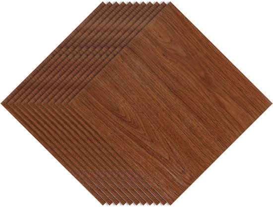 Stapel bruine houtlook PVC vloertegels, op elkaar gelegd in een ruitvorm met zichtbare houtnerf.