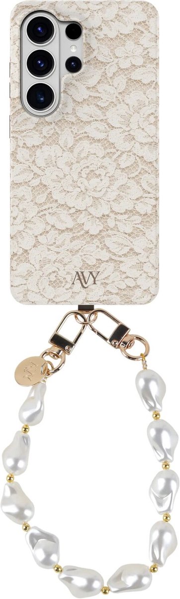 AVY Hoesje Met Telefoonkoord | Geschikt voor Samsung Galaxy S26 Ultra | Compatibel met MagSafe & Qi2 | Hard Shell Back Cover | Stijlvol Bijpassend Koord Polsbandje (32CM) | Vintage Lace