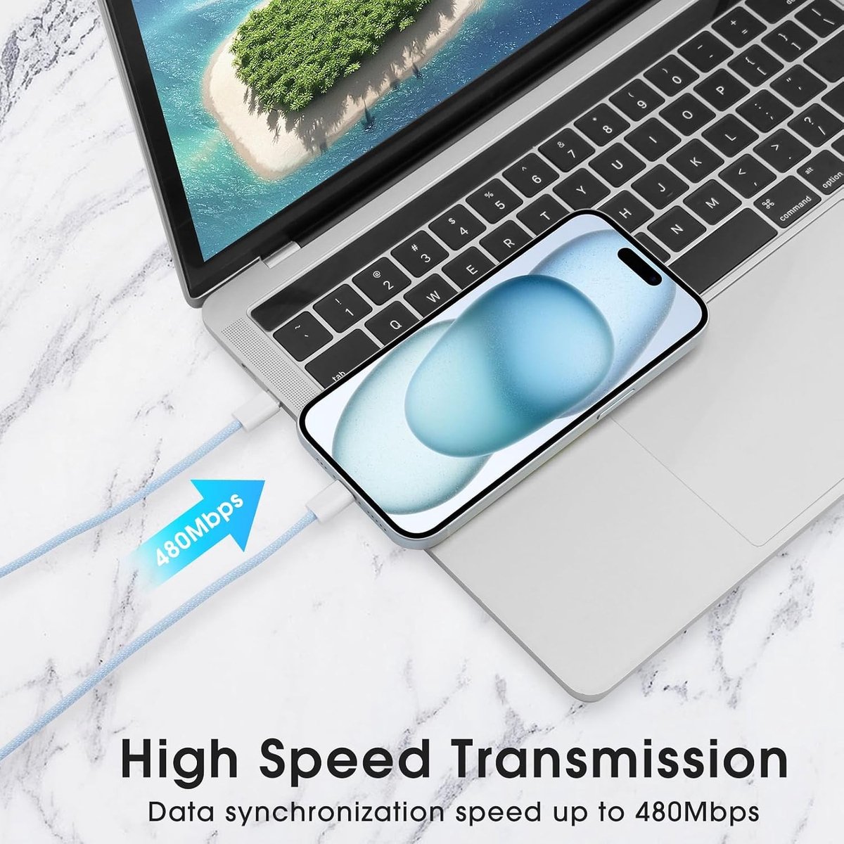 Langere USB C Oplaadkabel 3M - 60W Snellader Type C naar C, Geschikt voor iPhone 15/16, iPad Pro, Galaxy en Google Pixel (Blauw)