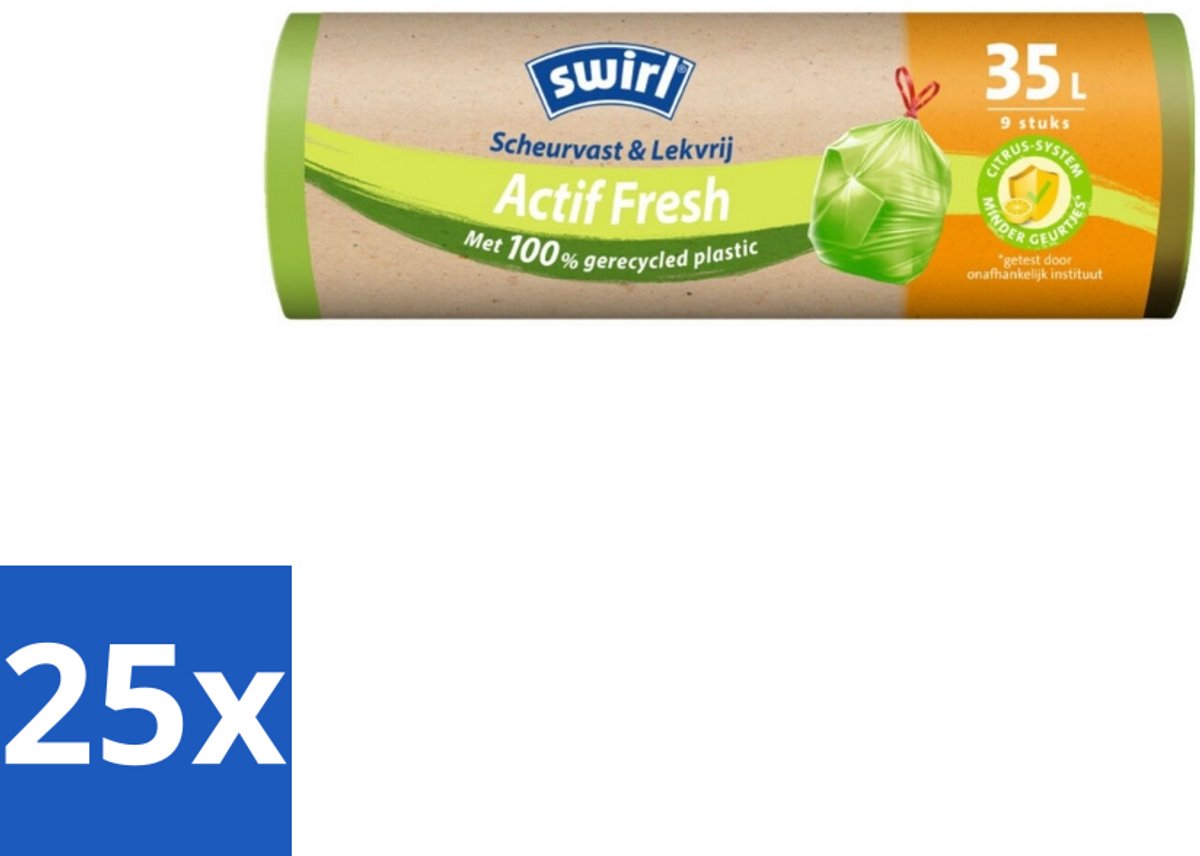 Swirl – Vuilniszakken – Trekband Geparfumeerd Actif Fresh – 35 L – 9 zakken - Bulkverpakking - 25 stuks