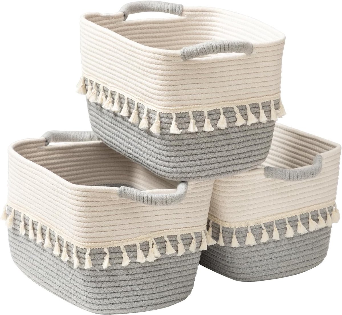 Woven Baskets voor Opslag, Set van 3 Katoenen Rieten Mandjes met Handvatten voor Organisatie, Schattige Mand voor Kinderkamer en Woonkamer, 38 x 25 x 25 cm, Wit en Grijs