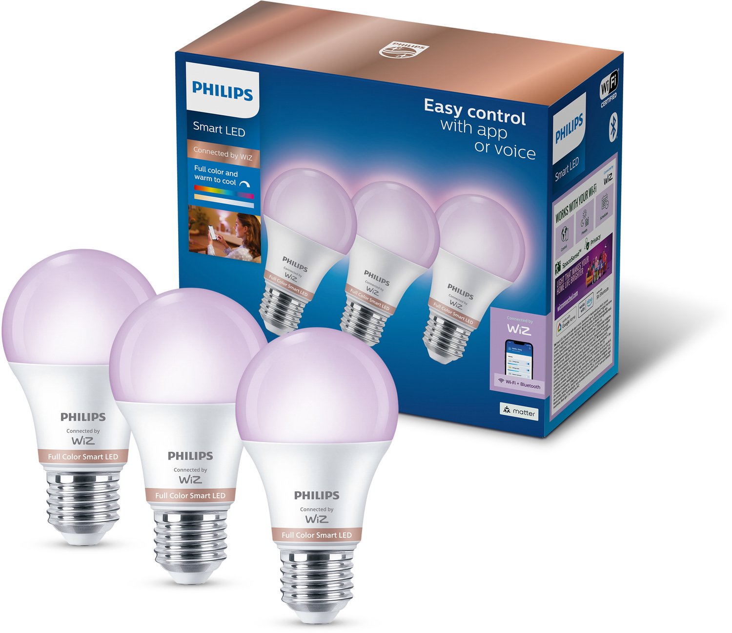 Philips Smart Lighting - LED-lamp - E27 fitting - RGB - Gekleurd en instelbaar wit licht - Dimbaar - 3 pack - 60W - Standaard lampvorm: A60 - Wifi