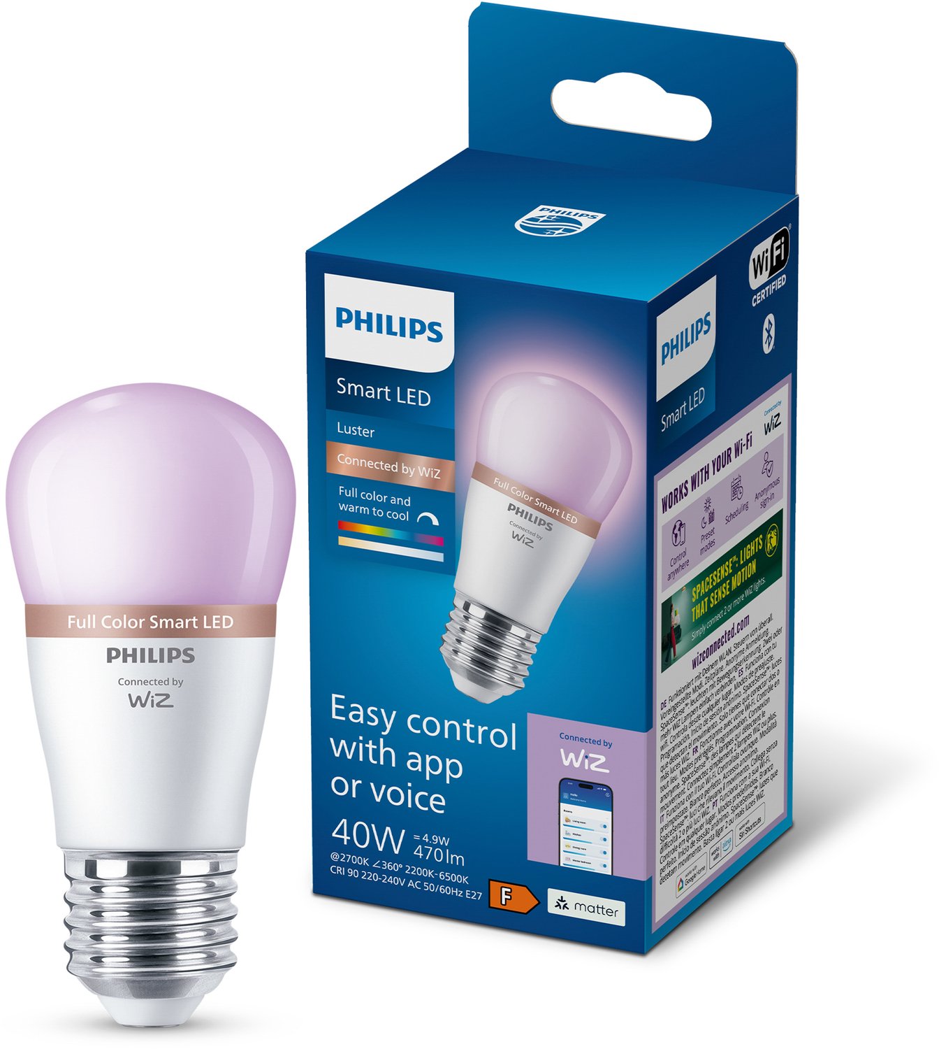 Philips Smart Lighting - LED-lamp - E27 fitting - RGB - Gekleurd en instelbaar wit licht - Dimbaar - 40W - Kogellamp: P45 - Wifi