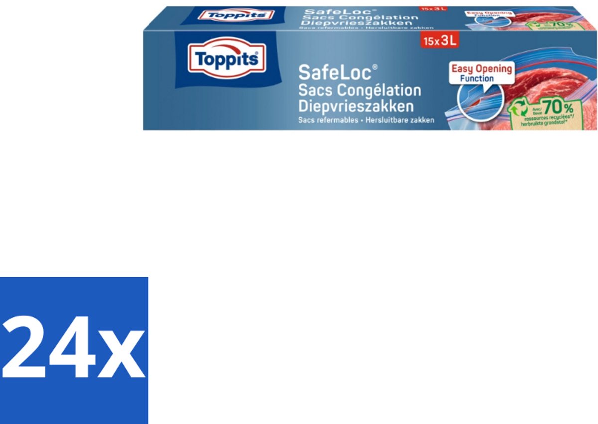 Toppits – Safeloc Zip-Diepvrieszakken – 3 Liter – 15 Zakjes - Voordeelverpakking - 24 stuks