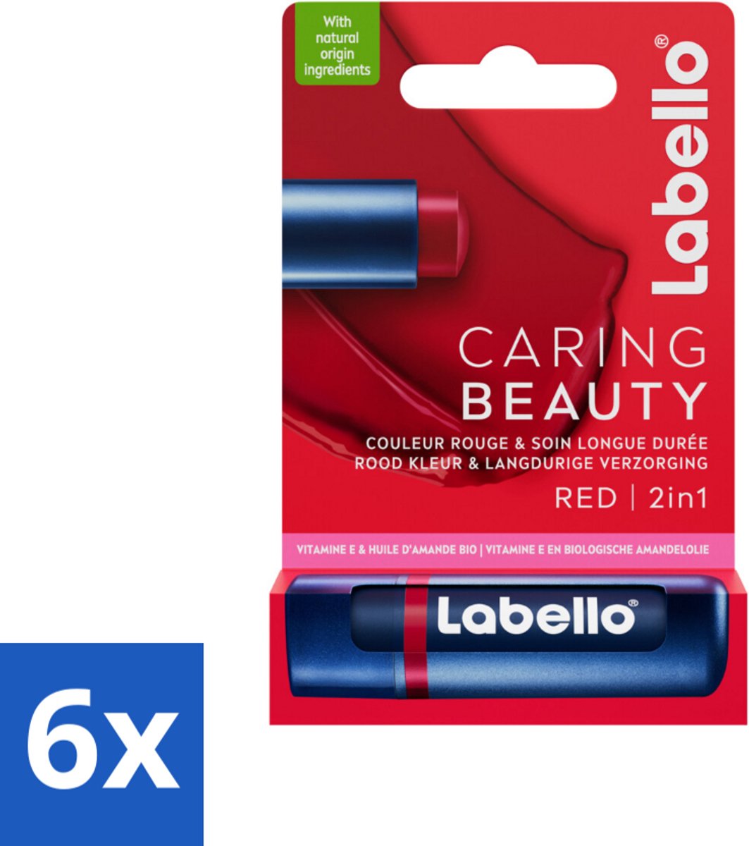 Labello –Lippenbalsem – Caring Beauty Red – 5,5 ml - Voordeelverpakking - 6 stuks