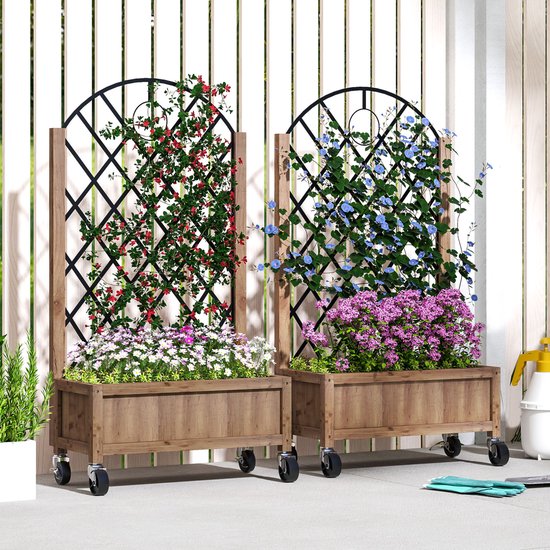 REDOM - Plantenbak - Met rankgitter en wielen - Staande plantenbak - Voor buiten - Rechthoek - Hout en metaal - Bruin - 52 x 25 x 97 cm