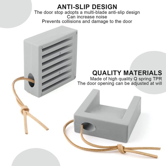 Grijze deurstop met antislip-ontwerp en bruin koord, naast een gestileerde deurstop.