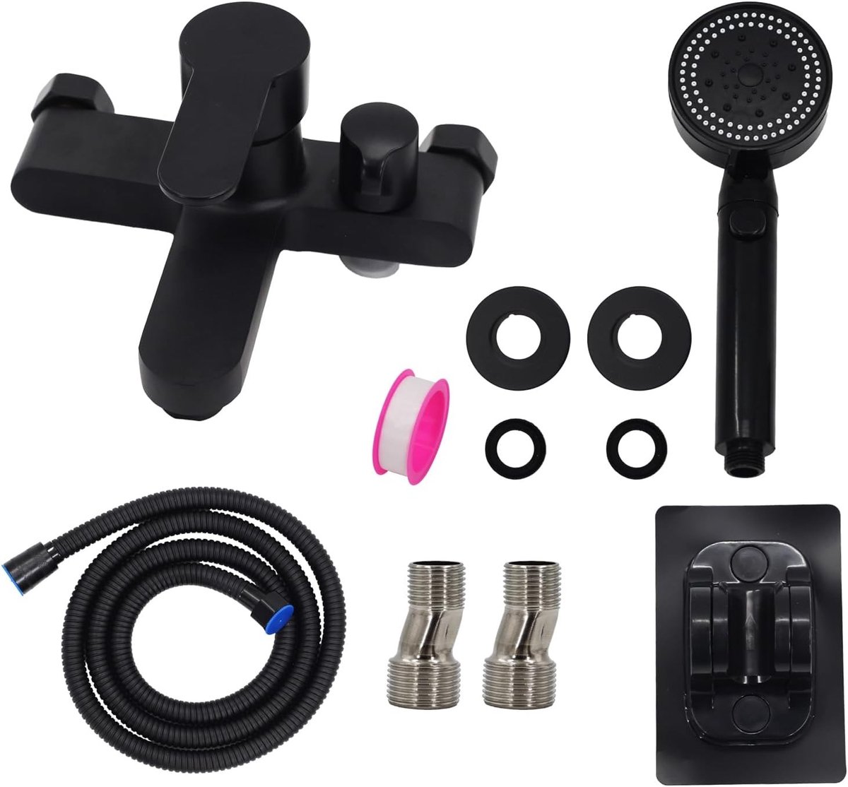 Wandgemonteerde Zwarte Badkraan met Douche Set, Enkelhandige Mengkraan en 1.5 m Doucheslang met Handdouche (1 Stralensoort) voor Luxe Badkamerervaring
