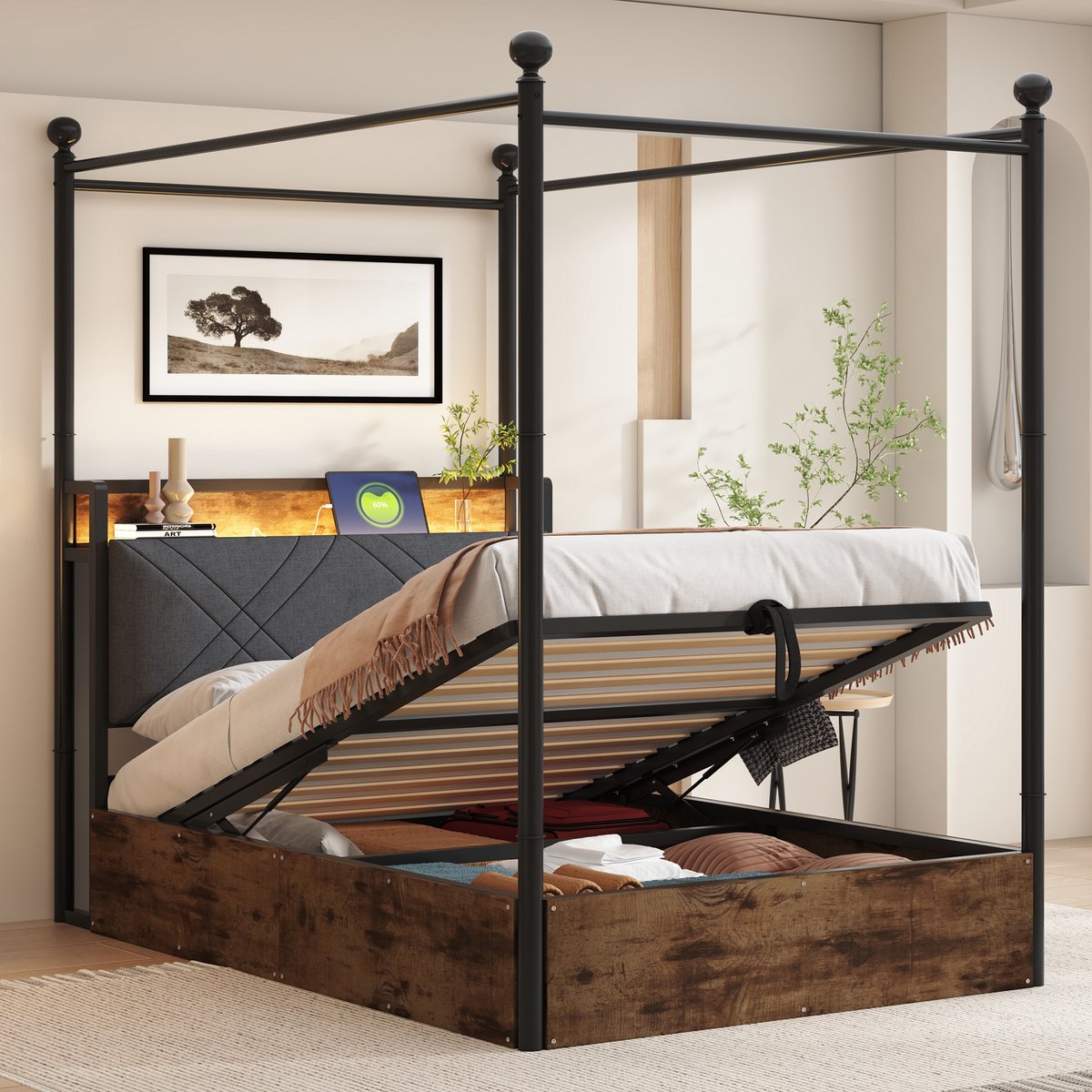 Gepolsterd Bed 90x190 cm - Met Opbergruimte - Met LED-verlichting - Met USB-aansluiting - Zwart