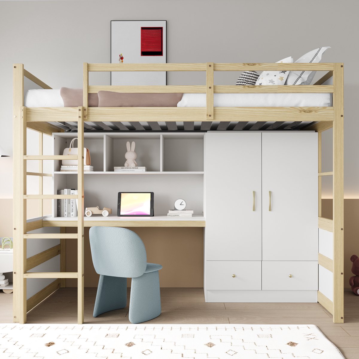 Houten Hoogslaper 90x200 cm - Met Ladder - Met Opbergruimte - Met Bureau - Naturel Hout
