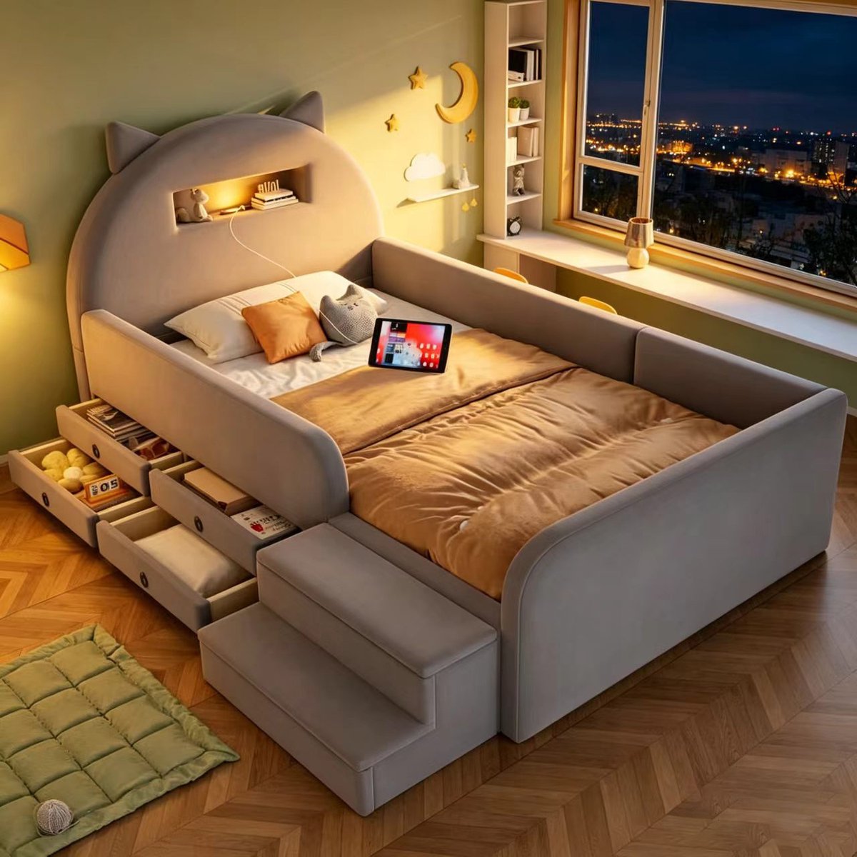 Gepolsterd Kinderbed 90x200 cm - Met Opbergruimte - Met USB-aansluiting - Light Grijs