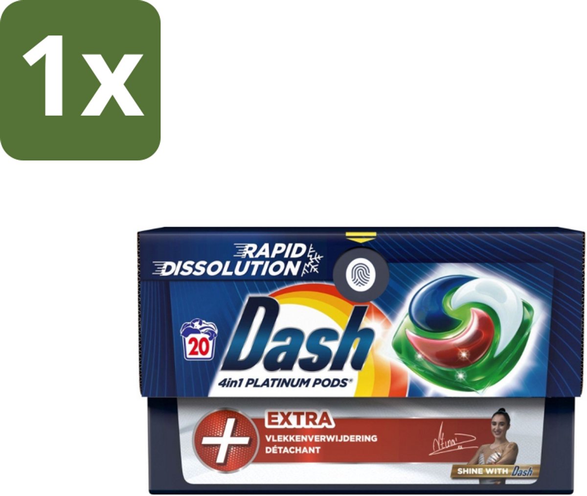 1 x Dash – Wasmiddel Pods 4-in-1 Platinum – Extra Vlekkenverwijdering – 20 Capsules - Wasmiddelcapsules - Krachtige Wasmiddel - Vlekverwijdering - Kleurbehoud - Frisheid