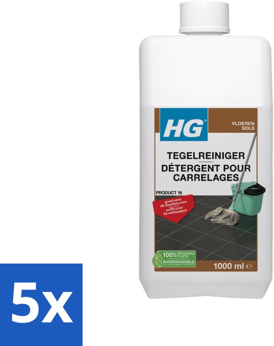 5 x HG Tegelreiniger Quick 1 liter - Tegelreiniger - Vloerreiniger - Dweilreiniger - Tegelvloer - Natuursteen