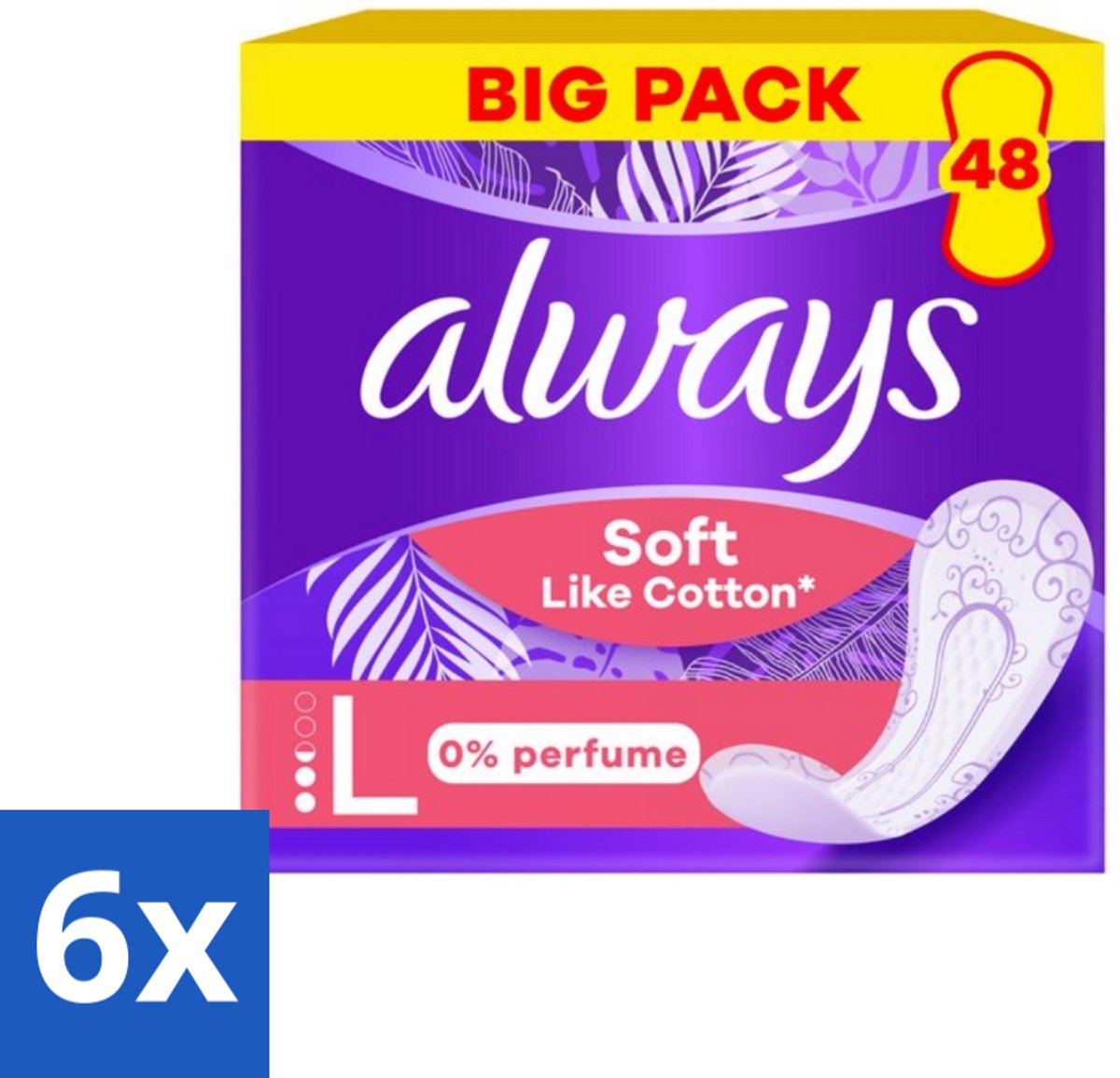 Always – Inlegkruisjes – Soft Like Cotton Long 0% Parfum – 48 Inlegkruisjes - Voordeelverpakking - 6 stuks