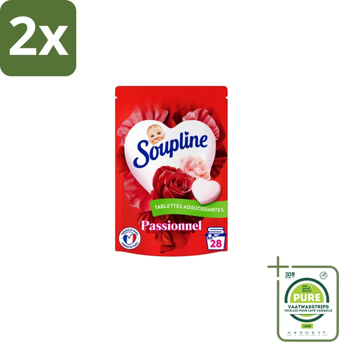 Soupline – Wasverzachtertabletten – Harten Straling van Passiebloemboeket - 28 tabletten - Voordeelverpakking - 2 stuks - Wasverzachter tablet - Wasverzachter in tabletvorm