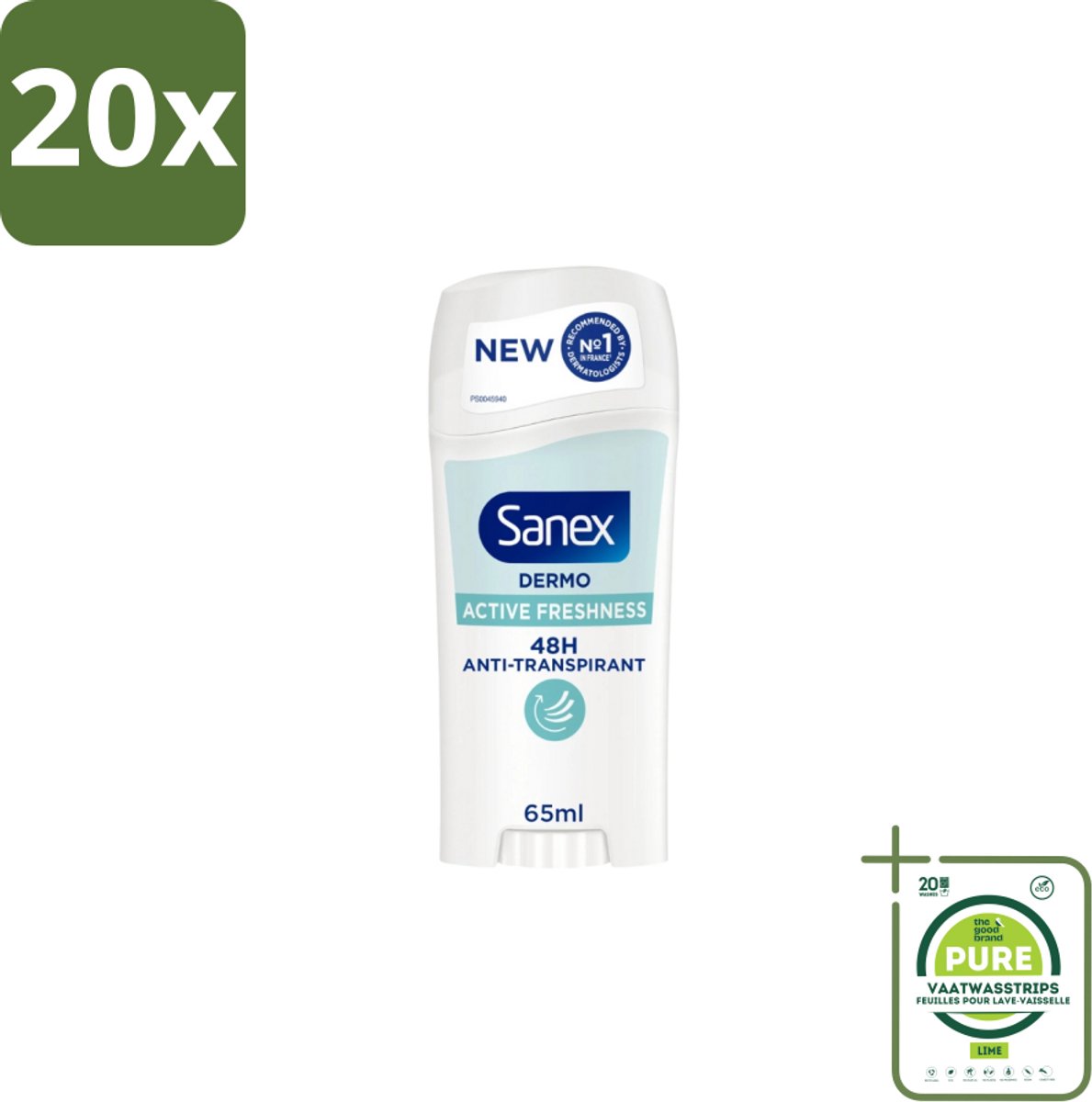 20 x Sanex – Deodorant Stick – Dermo Active Freshness – 65 ml - Grootverpakking - Deodorantstick - Frisheid - Huidbescherming - Zachte Textuur - Langdurige Frisheid