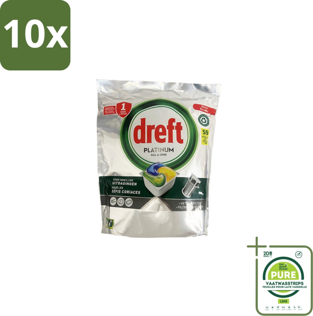 10 x Dreft – Vaatwastabletten – All-in-One Platinum – Lemon – 59 Tabletten - Grootverpakking - Vaatwastabletten - Vaatwasser - Vetverwijderen - Glasbescherming - Citroengeur