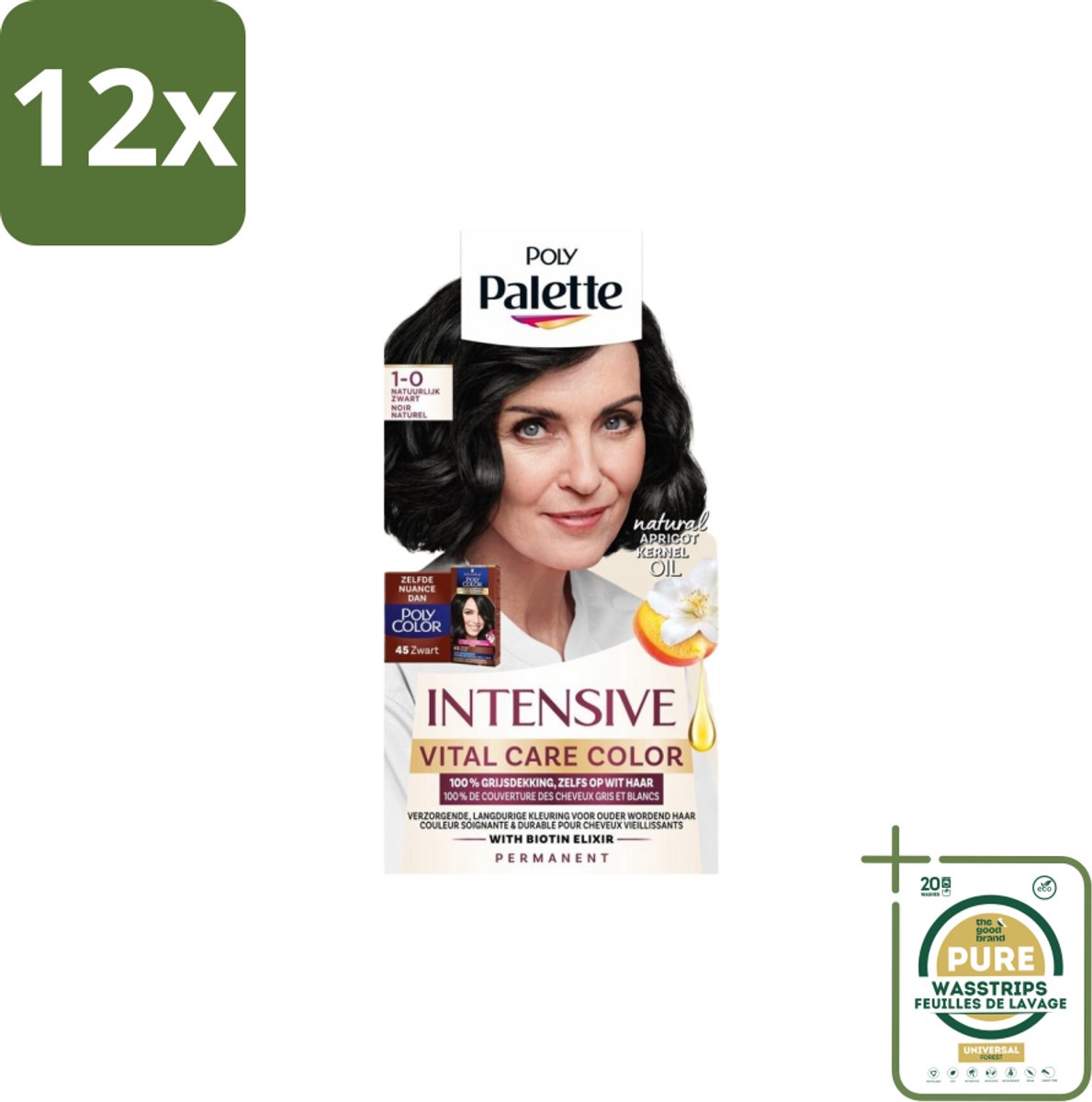 Poly Palette – Haarverf – 1-0 Natuurlijk Zwart – 115 ml - Voordeelverpakking - 12 stuks - Zwart haar - Permanente haarkleuring