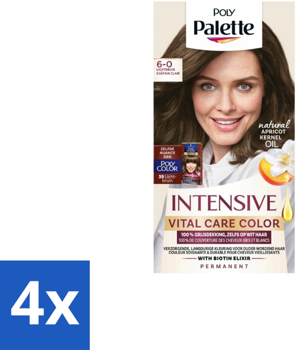 4 x Poly Palette – Haarverf – 6-0 Lichtbruin – 115 ml - Haarkleur - Haarkleuring - Grijsdekking - Lichtbruin - Permanente Haarkleuring