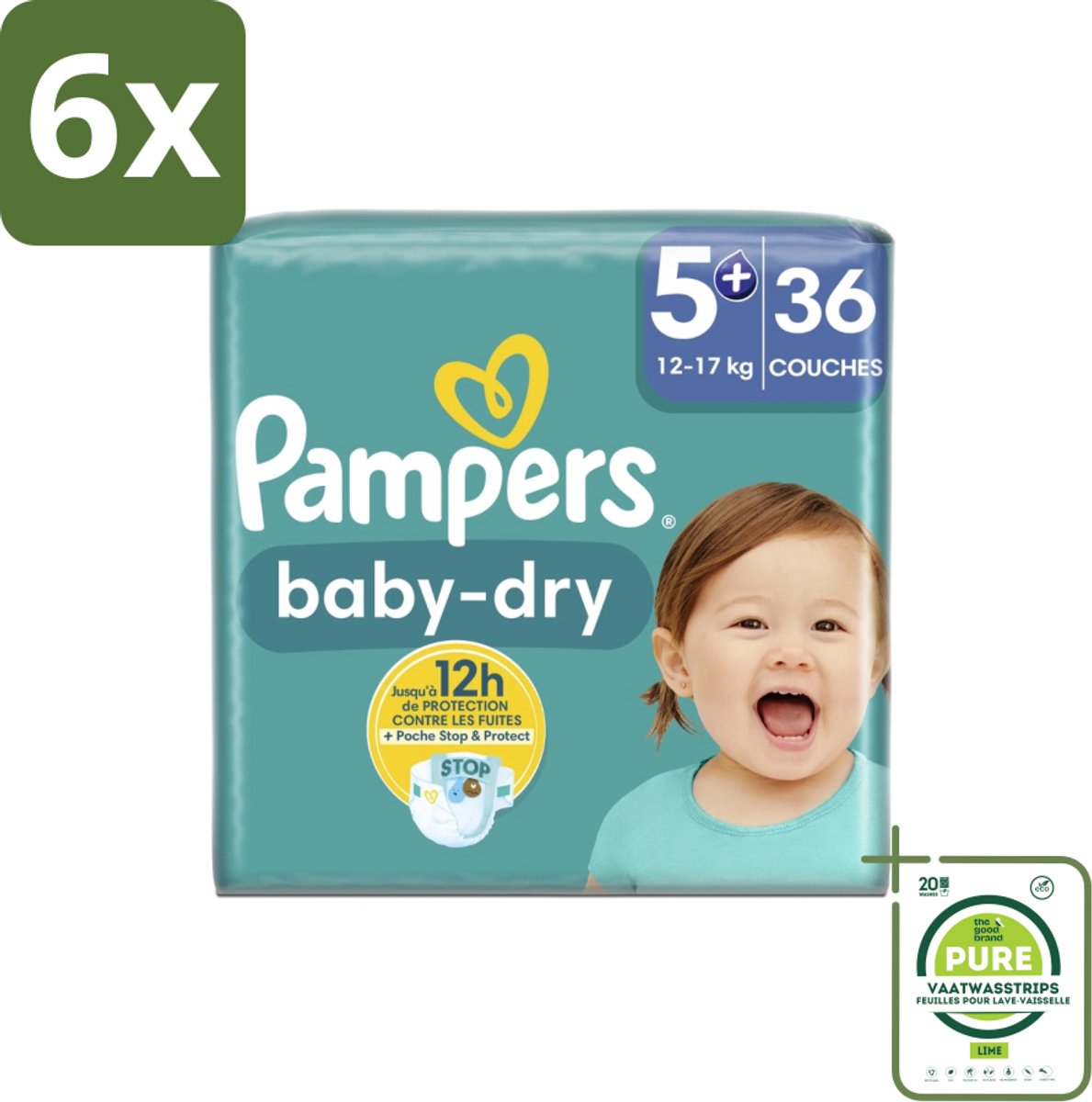 Pampers – Luiers – Baby-Dry Maat 5+ (12-17 kg) – 36 Luiers - Voordeelverpakking - 6 stuks - Baby-luiers - Droge huid