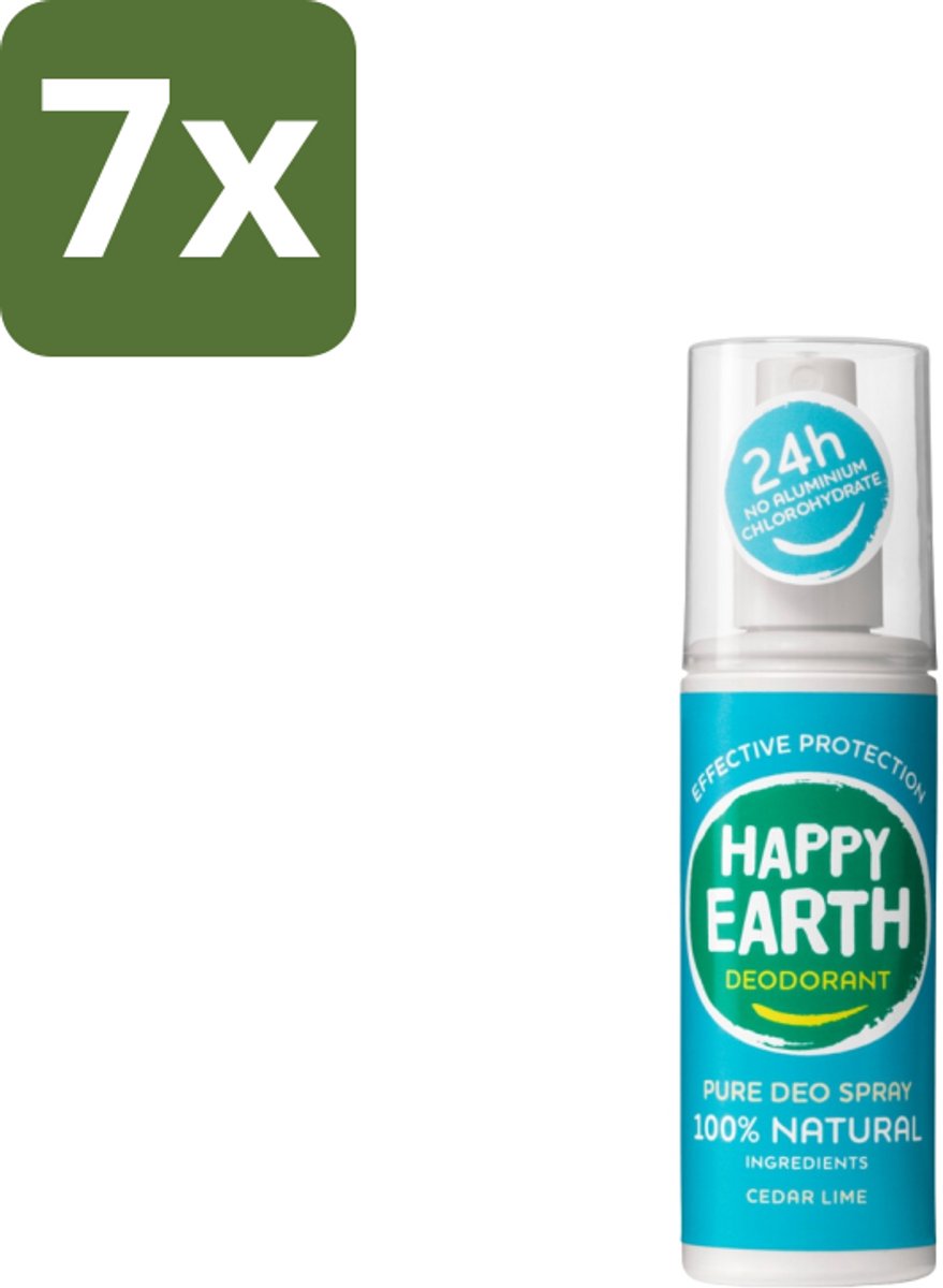 Happy Earth – Deodorant Spray – 100% Natuurlijk Cedar Lime – 100 ml - Bulkverpakking - 7 stuks