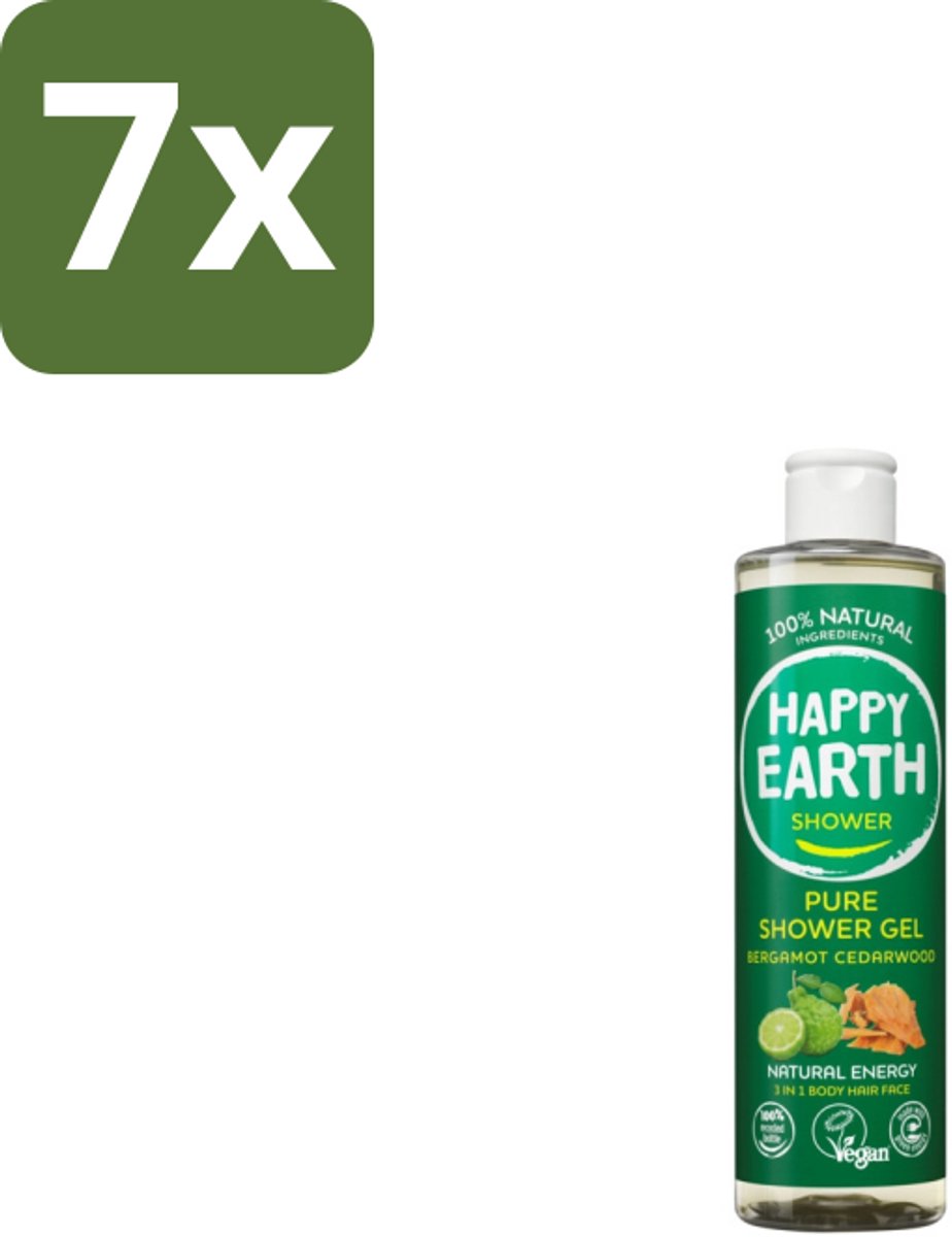 Happy Earth – Douchegel – 100% Natuurlijk Bergamot Cedarwood – 300 ml - Bulkverpakking - 7 stuks