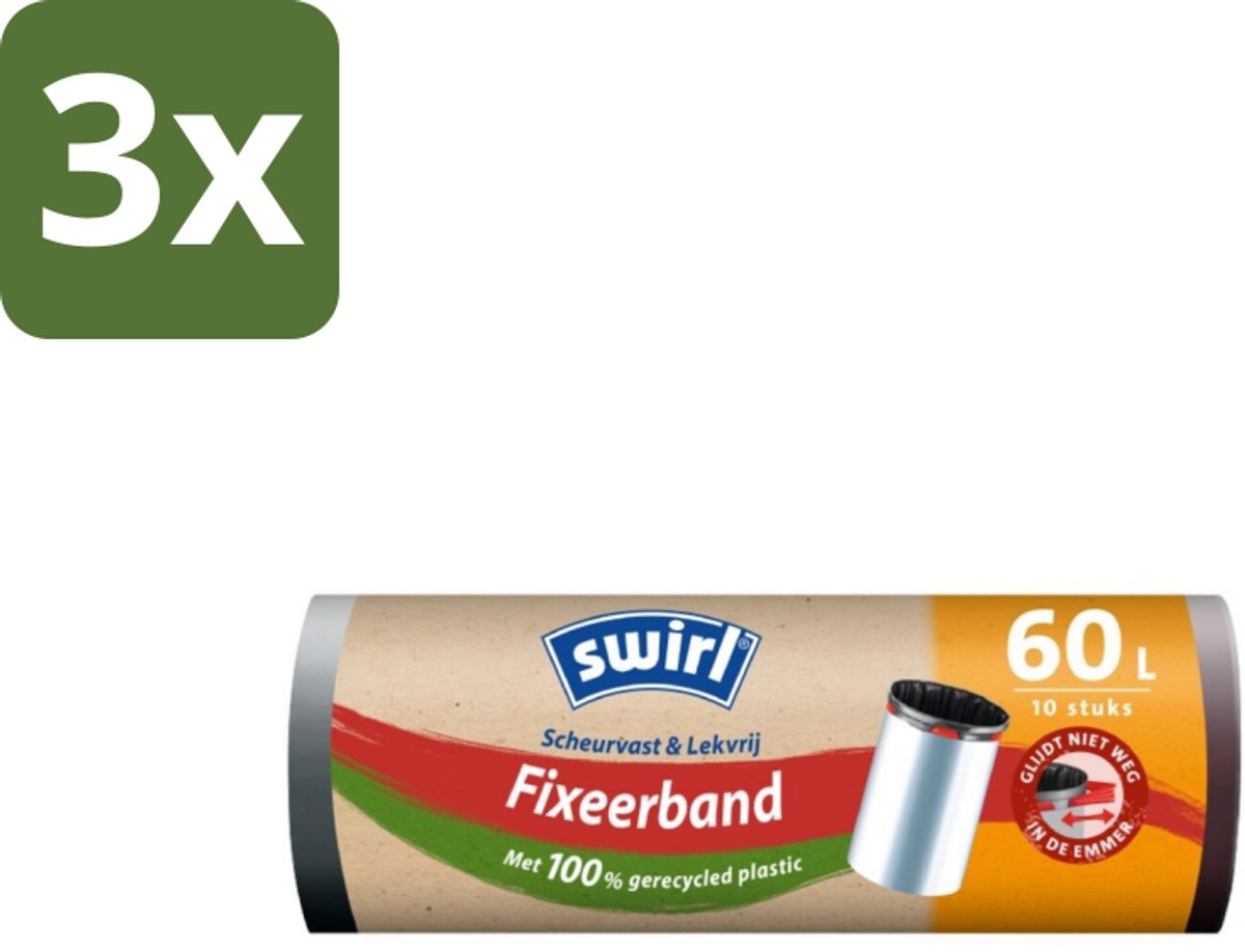 Swirl – Pedaalemmerzakken – 60 L – Fixeerband – 10 zakken - Bulkverpakking - 3 stuks
