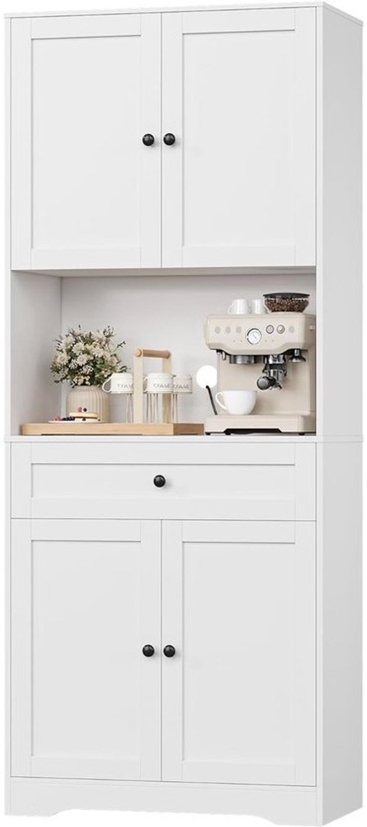 Multifunctionele Keukenbuffetkast met Werkblad, 4 Deuren, Lade en Verstelbare Planken, Wit, 75x40x180cm voor Keuken en Woonkamer