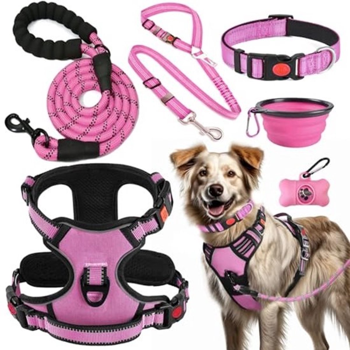 Hondenharnas, Halsband en Leash Set zonder Trekking | Inclusief Leash, Opvouwbare Schalen en Poepzak Dispenser | Ideaal voor Training, Wandelen en Avontuur | Geschikt voor Grote en Kleine Honden (Roze-XL)