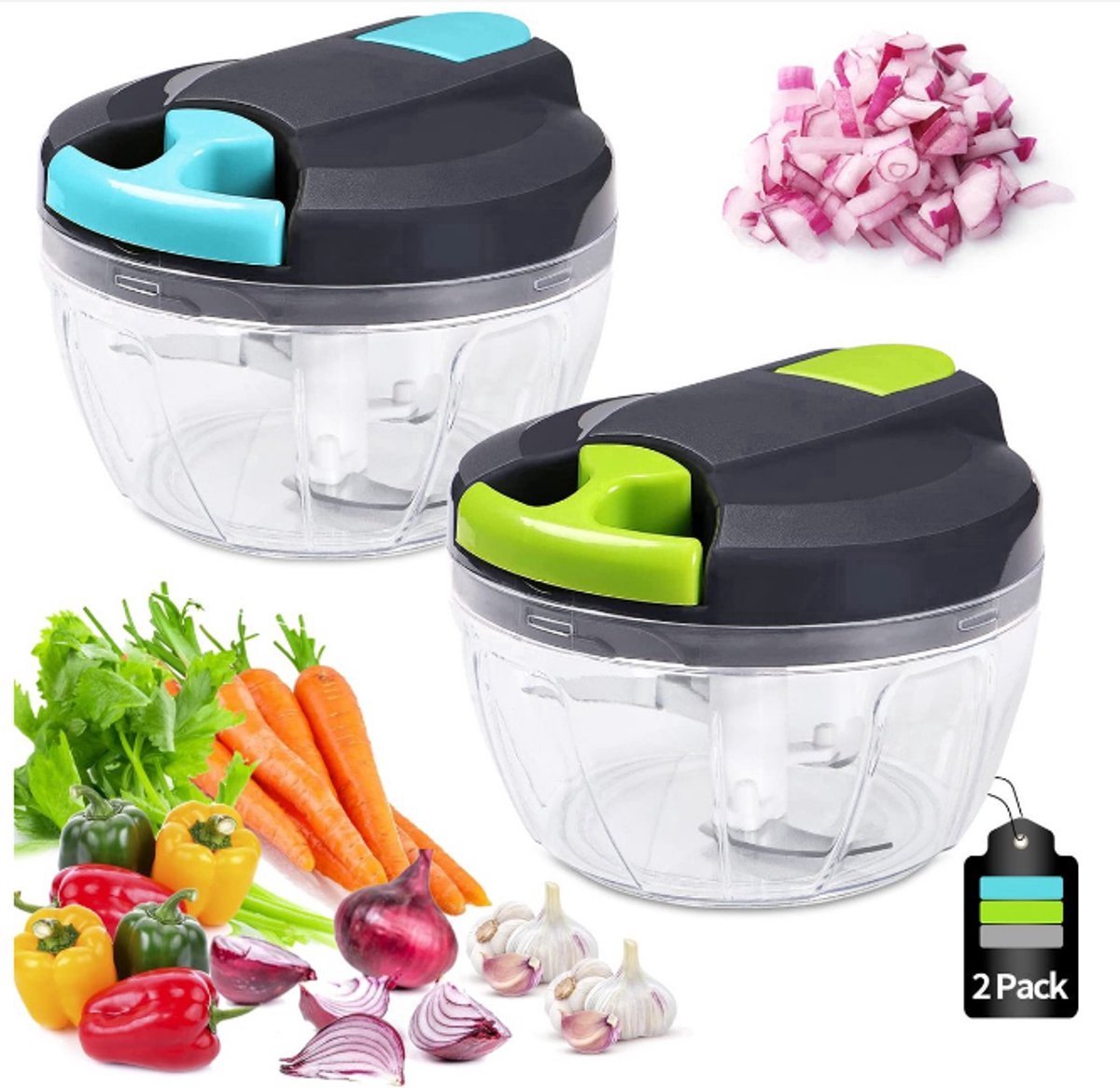 casalora™-Handmatig hakmolen-520 ml Mini Uienhakker-Uiensnijder Keuken-3 Roestvrijstalen Messen-Groentesnijder-2 stuks