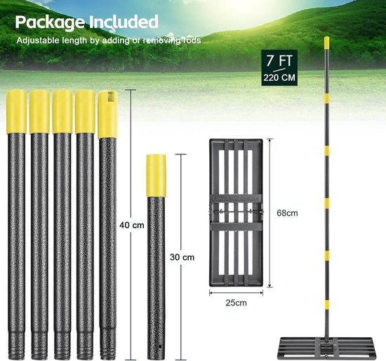 Multifunctionele Tuinhark 220 cm, Opvouwbare Hark met 68 x 25 cm Kop voor Gras Egaliseren, Bodemverdeling en Onkruidverwijdering, Ideaal voor Tuinonderhoud en Ruimtebesparing — afbeelding 3