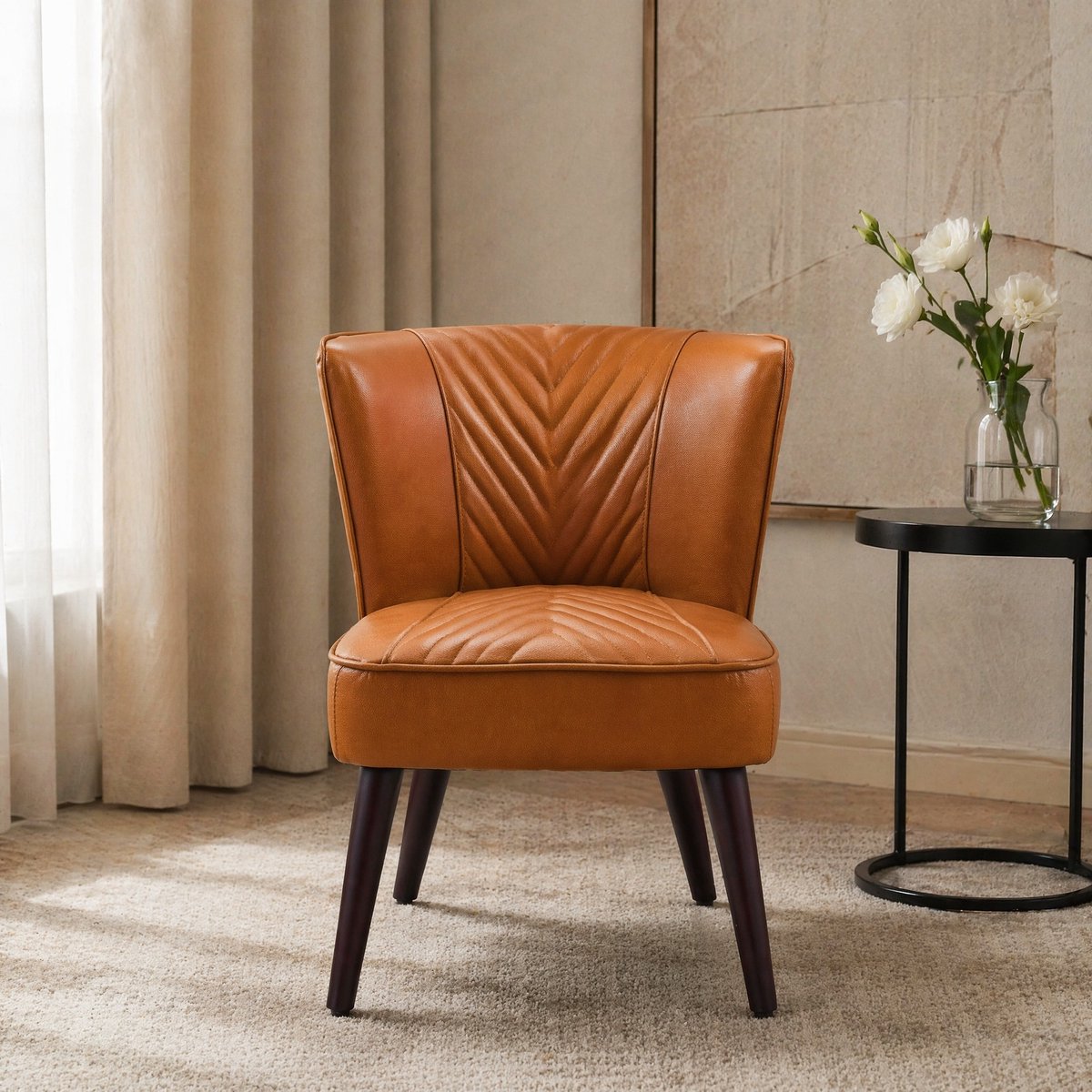 Wishdor Fauteuil zonder armleuningen - Klassiek design - Echtleer en houten onderstel - Lichtbruin - 56 x 62 x 72 cm