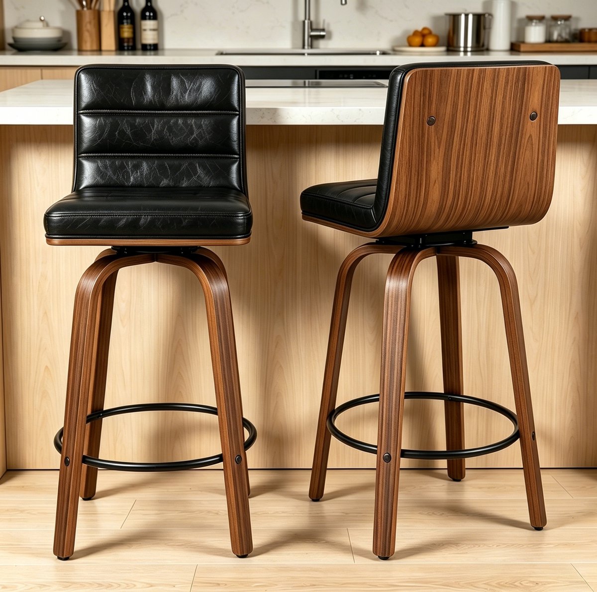 DESMIU Barkruk - 360 Graden Draaibare Barkruk - Set Van 2 - Met Rugleuning En Voetenring - Voor Keuken En Bar - Kunstleer - Zwart
