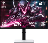 Gaming monitor met een mecha-krijger op het scherm. 27 inch, Fast IPS, 2K QHD, 320Hz, 1ms, HDR 400.