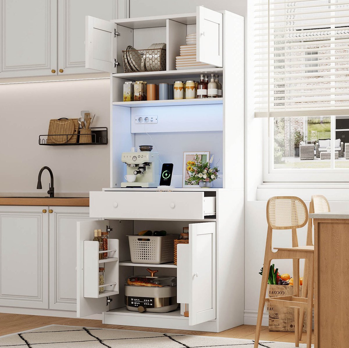 COVREO Keukenkast 180 cm wit MDF, met LED, stopcontact en lades
