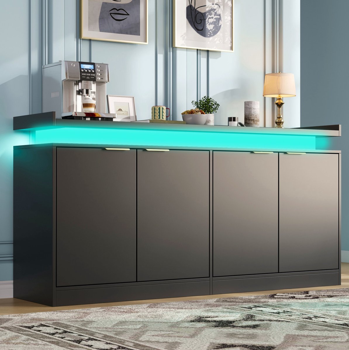 COVREO Keukenkast 160 x 39 x 83 cm zwart MDF, met 4 deuren en RGB LED