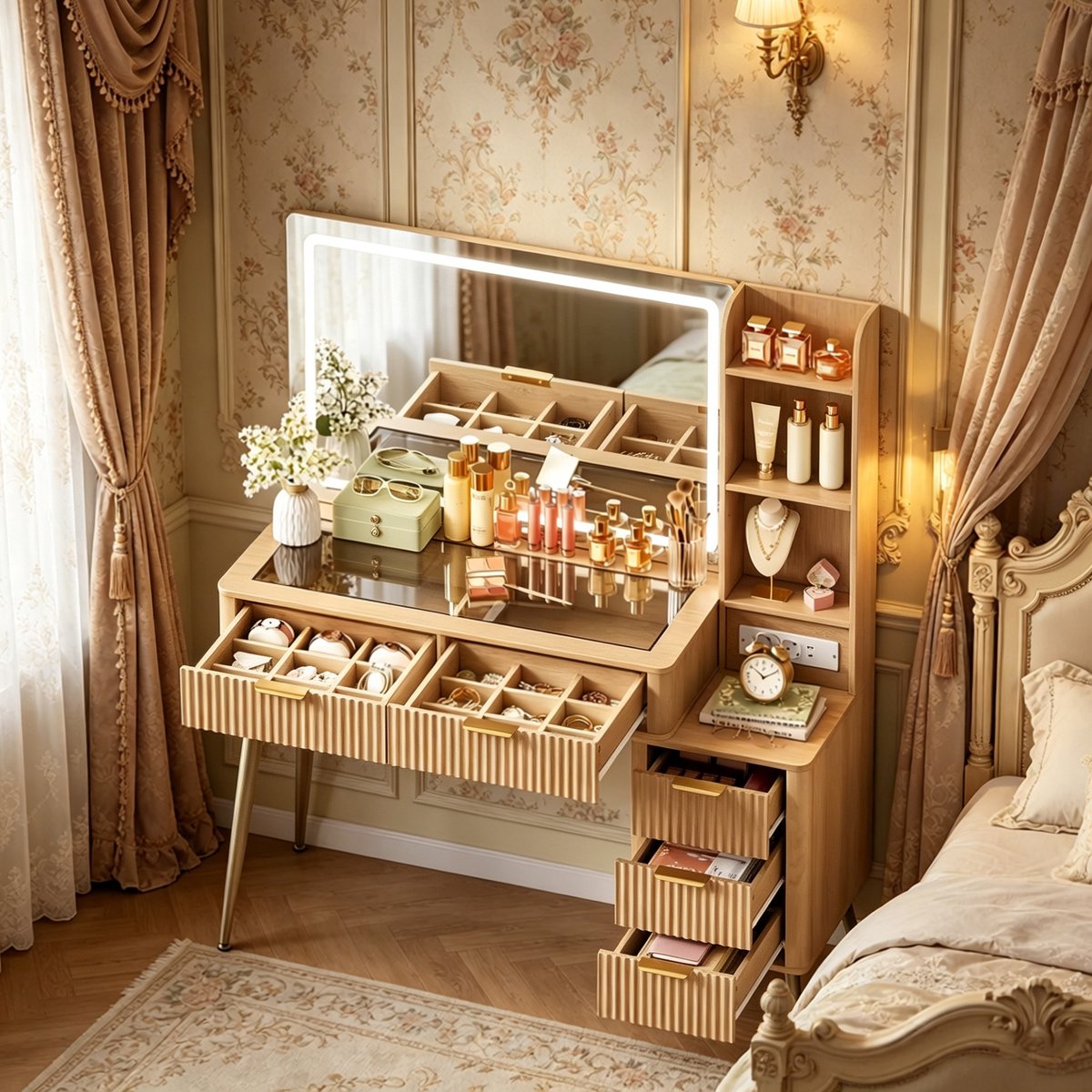 MODENUIT Kaptafel 117 x 40 x 137 cm - Spiegel Met Verlichting En Glazen Tafelblad - Slaapkamer - Houtkleur