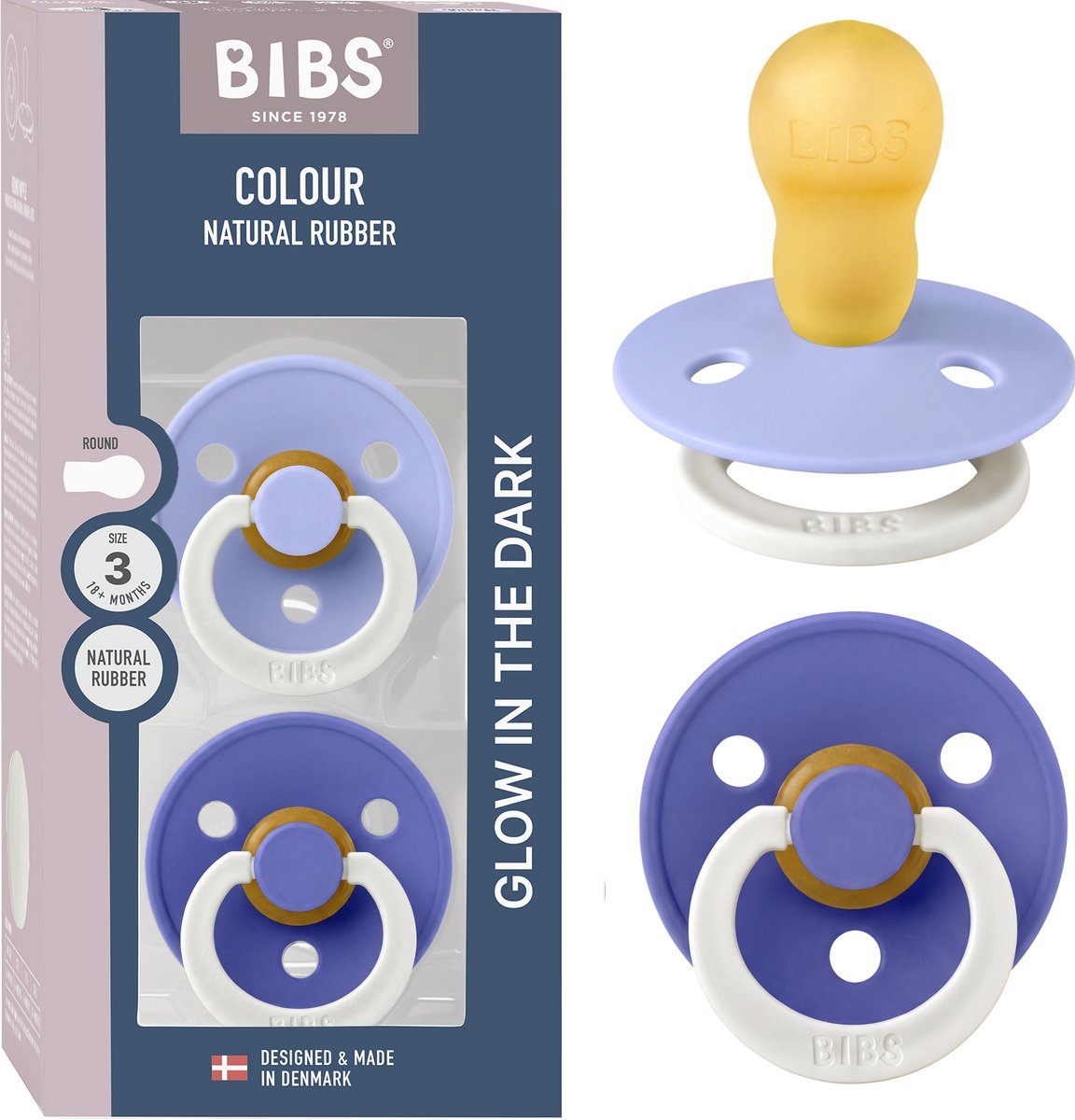 BIBS Colour Glow Fopspeen - 18-48 mnd - 2-pack - Rond - Hush/Grape