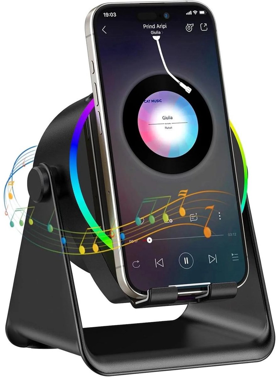 casalora - 5-in-1 Wireless Mini RGB Speaker - Telefoonhouder - Telefoonhouders Auto - Magnetisch - Bluetooth Speaker - Draadloze Oplader - Wireless charger - GSM Lader - 360° verstelbare houder voor iPhone/Android/iPad/Samsung - Cadeau