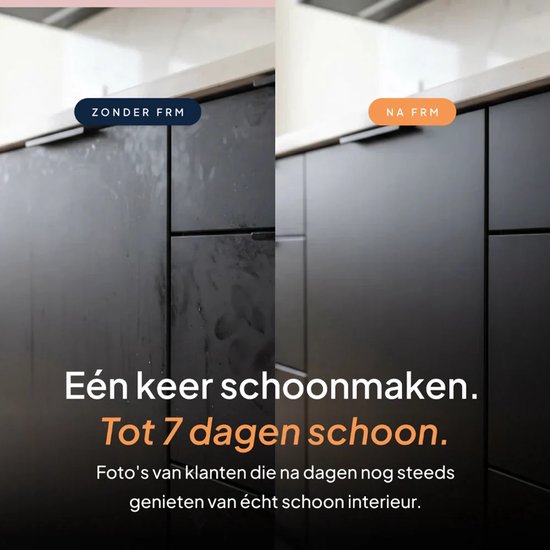 Vergelijking van zwarte keukenkastjes: links vies, rechts schoon. Tekst: Eén keer schoonmaken, Tot 7 dagen schoon.
