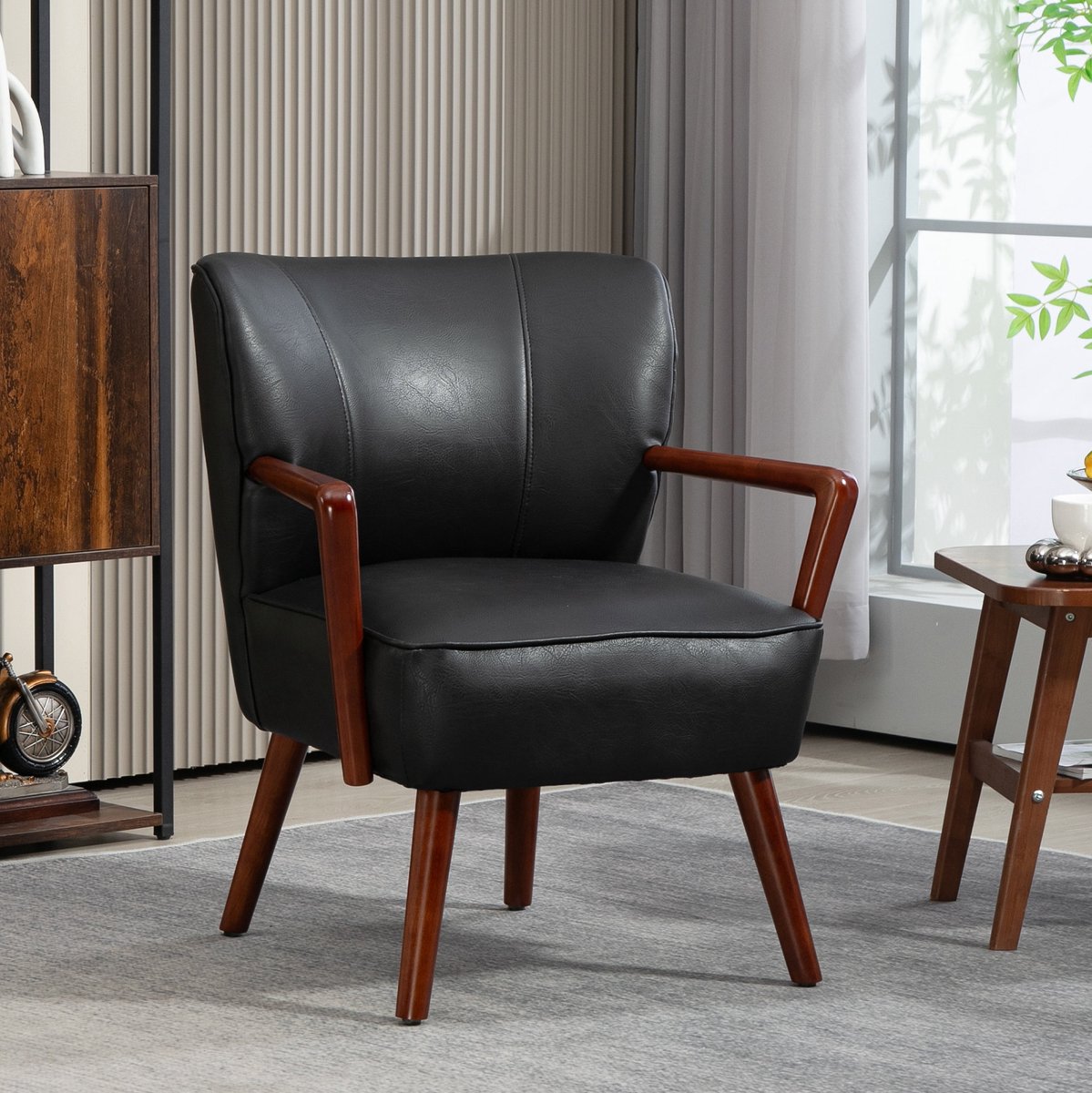 REDOM- Fauteuil - Met armleuningen - Geïntegreerde houten poten - Gepolsterde zitting - Design stijl - Woonkamer en slaapkamer - Kunstleer - Zwart - 67 x 77 x 80 cm