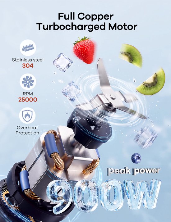 Blender 900W Smoothie Maker met 3 To-Go Bekers 500/700 ml - 23.000 RPM - RVS Messen - BPA-vrij van Blender — afbeelding 4
