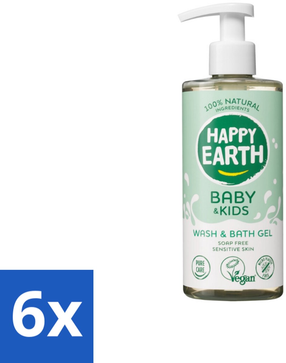 6 x Happy Earth – Was & Badgel – Zeepvrij Baby & Kids – 300 ml - Wasgel - Huidverzachter - Babywasgel - Natuurlijke Wasgel - Allergeenvrije Wasgel