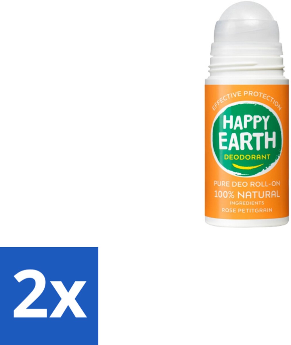 2 x Happy Earth – Deodorant Roll-On – 100% Natuurlijk Rose Petitgrain – 75 ml - Natuurlijke Deodorant - Roll-on Deodorant - Bloemige Geur - Frisse Geur - Huidvriendelijk