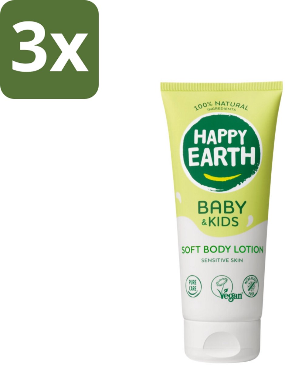 3 x Happy Earth – Bodylotion – 100% Natuurlijk Baby & Kids – 200 ml - Baby Lotion - Kinderhuid Verzorging - Natuurlijke Bodylotion - Gevoelige Huid Verzorging - Sheaboter Lotion