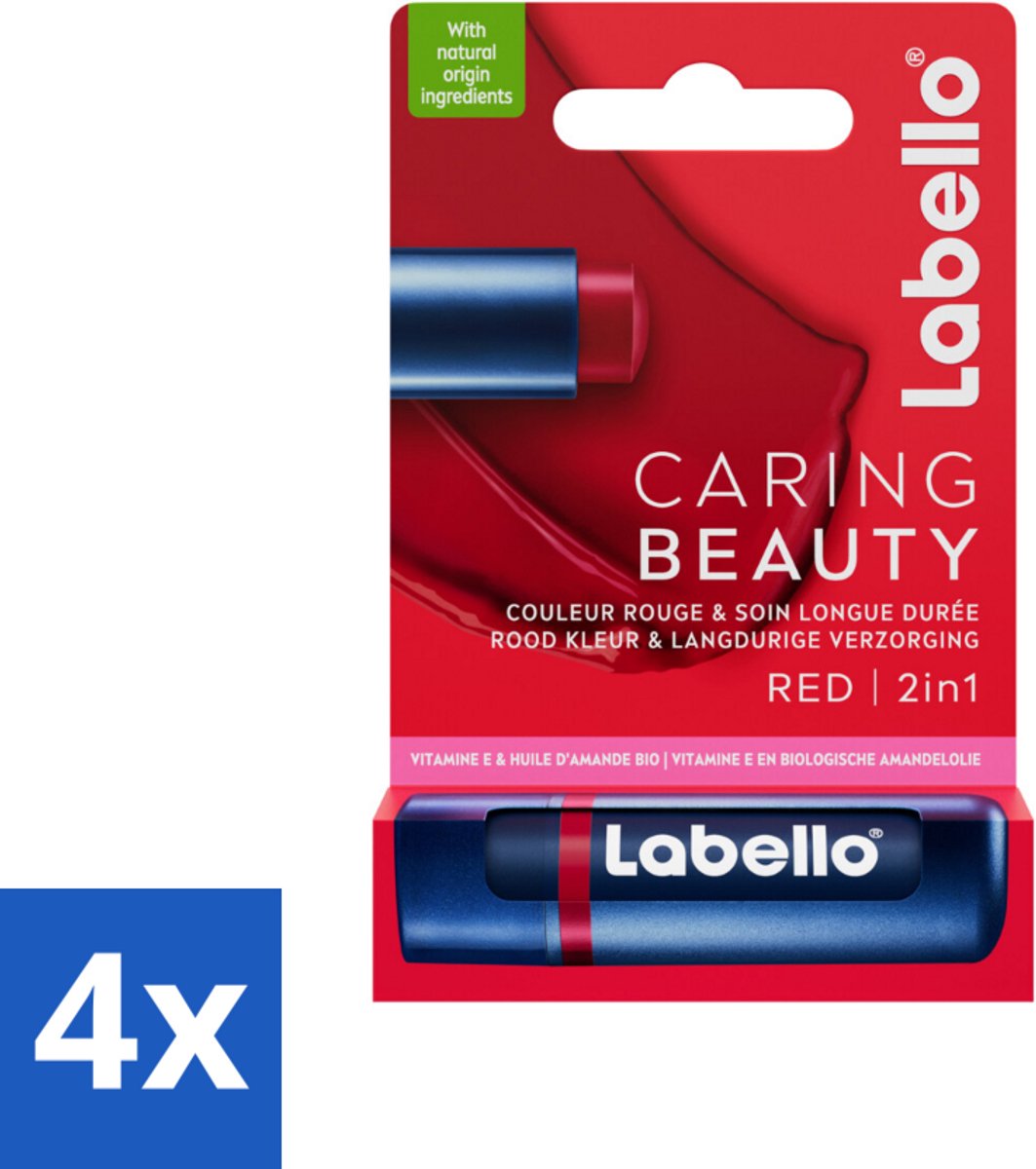 4 x Labello –Lippenbalsem – Caring Beauty Red – 5,5 ml - Lippenbalsem - Verzorging - Kleur - Hydratatie - Intensieve Kleur